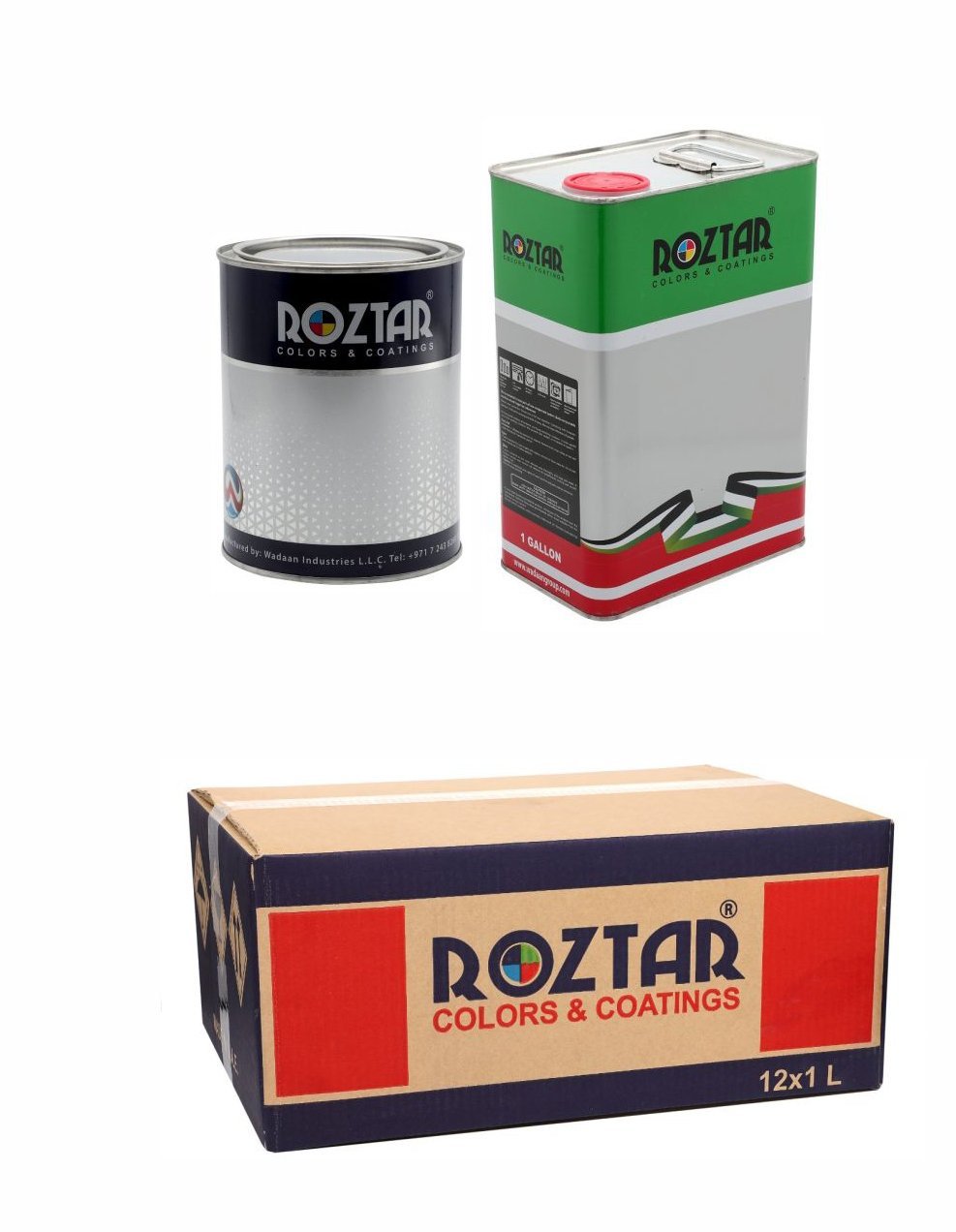 Roztar automotive refinish metal cans and shipping carton